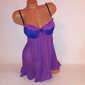 Passion Forever Lingerie Set Babydoll & Panty Small Purple Blue Bling V Sting Th